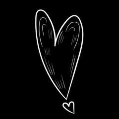 Doodle love heart illustration. White vector line art icon on black background.