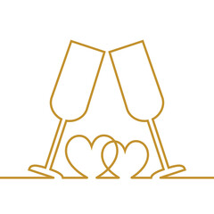 Two Hearts and glasses of champagne or wine. Gold one line sketch vector illustration isolated on white background.