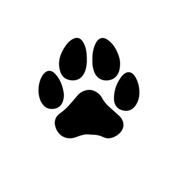 Black silhouette of a dog paw. Paw print. Footprint pet. Dog vector, icon. Paw puppy isolated on white background. Cute shape paw print. Design prints. Animal track. 