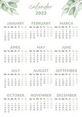 2023 calendar year vector illustration. The week starts on Monday. Yearly calendar template 2023. Calendar design in green and black colors, holidays in green colors.

