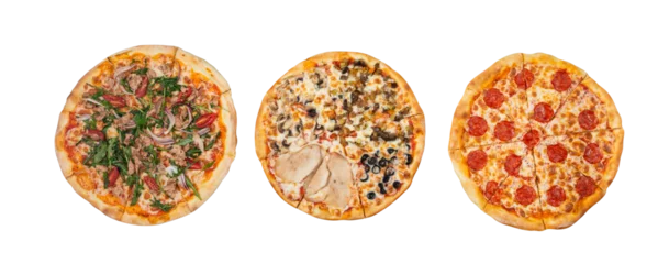 Foto op Canvas 3 types of pizza: assorty, meat, salami. Pizza for your menu, pizza mockup, isolated pizza © Ritk