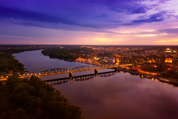 Torun spring panorama. View of the Jozef Pilsudski bridge. May 2022. - obrazy, fototapety, plakaty