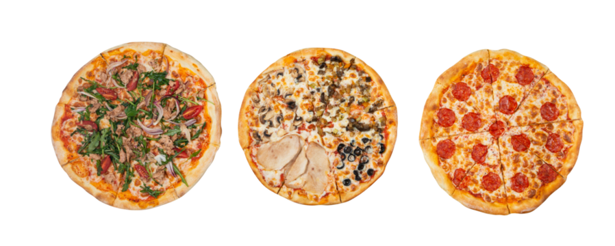 3 types of pizza: assorty, meat, salami. Pizza for your menu, pizza mockup, isolated pizza