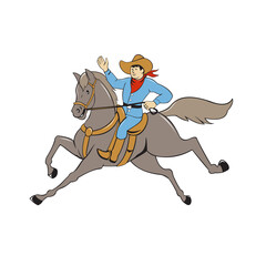 Cowboy Riding Horse Waving Cartoon