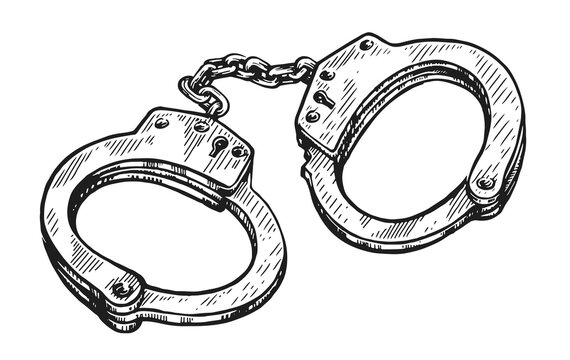 Closed prison handcuffs hand drawn sketch. Metal shackles, police arrest, justice concept. Vector illustration isolated