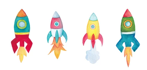 Fototapete Raumschiff Set of space rockets isolated on white. Watercolor illustration.