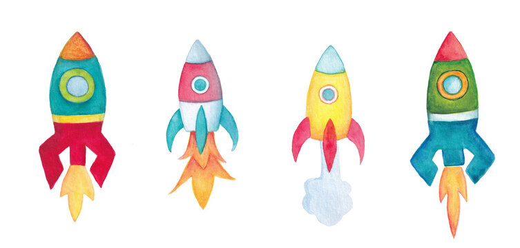 Set of space rockets isolated on white. Watercolor illustration.