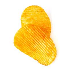 Pepper, paprika flavored potato chips, crisps isolated on white, top view