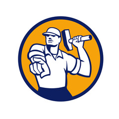 Demolition Worker Hammer Pointing Circle Retro