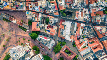 Cartagena Colombia Old Town - Aerial Drone View, center historic, city streets Cartagena colombia