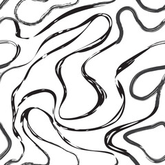 Vector seamless pattern from abstract texture with monochrome stains of liquid. Creative background with black stripes blots. Decorative design black wavy stripes optical art illusion.