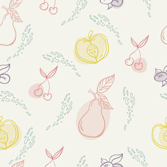 fruits and berries pattern. seamless pattern with food. apple, pear, cherry, blueberry
