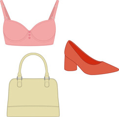 illustration women's accessories: pink bra, brown bag, red shoe.