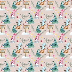 Watercolor Christmas Gnomes pattern, Seamless pattern