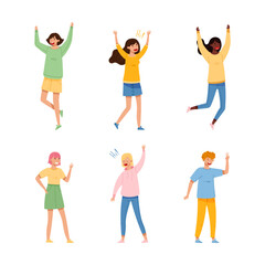 Fototapeta na wymiar Set ofpeople waving their hands in greeting. Teenagers raised their hands up waving affably cartoon vector illustration
