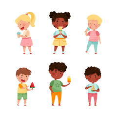 Kids eating ice cream set. Cute little boys and girls feeling happy with their ice cream cartoon vector illustration