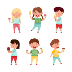 Smiling kids eating ice cream set. Cute little boys and girls feeling happy with their ice cream cartoon vector illustration