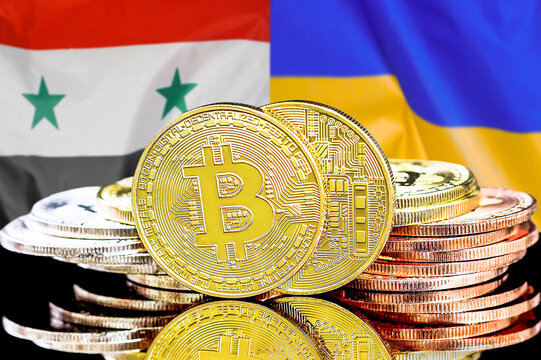 Bitcoins on flag Syria and Ukraine background. Concept for investors in cryptocurrency and Blockchain technology in Syria and Ukraine