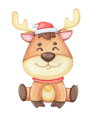 Cute cartoon watercolor deer wearing a hat