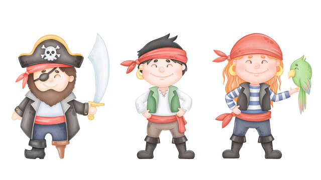 Watercolor cartoon cute pirates isolated