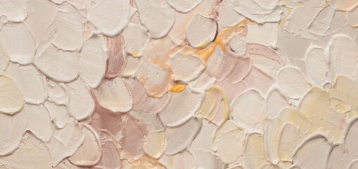 Art Acrylic smear blot brushstroke painting wall. Abstract texture beige color stain horizontal...