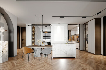 3d render of modern home interior, living and dining room