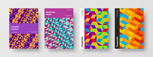 Multicolored geometric shapes annual report template composition. Colorful company cover A4 vector design layout bundle.