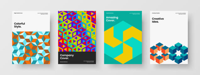 Multicolored annual report design vector layout collection. Amazing geometric tiles pamphlet template composition.