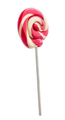 Classic twisted spiral red and white lollipop on wooden stick isolated