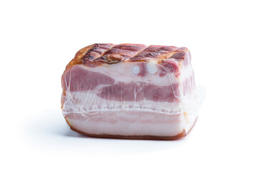 Smoked and boiled bacon in vacuum pack isolated on white