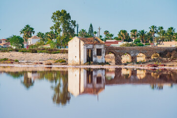 Fototapeta na wymiar Cityscape of the Pink Lagoon of Torrevieja and its Salt Mines (Alicante, Spain)