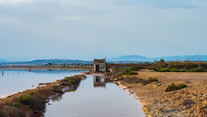 Cityscape of the Pink Lagoon of Torrevieja and its Salt Mines (Alicante, Spain)