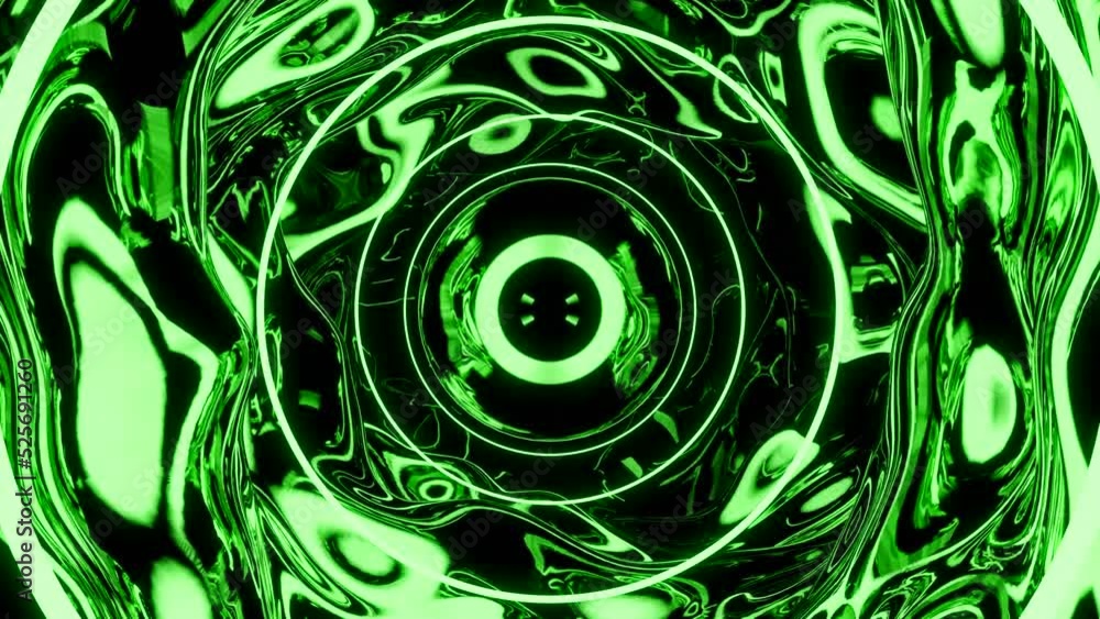Poster green and pink background. design.glowing hoops standing in a row create a corridor and bright volum