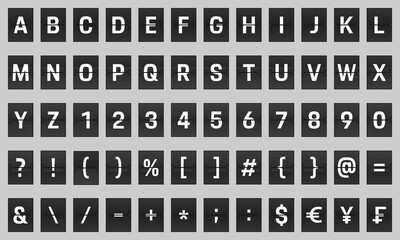 Airport split-flap display board panel font, white font on dark background vector illustration.