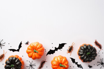 Halloween party concept. Top view photo of pumpkins bat silhouettes spiders cockroaches centipedes...