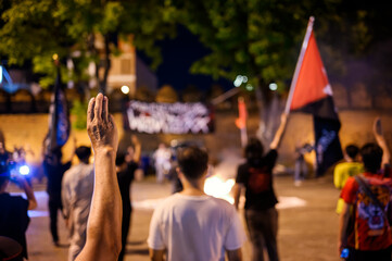Thai protesters showing a three-finger salute against the government, demand for new constitution...