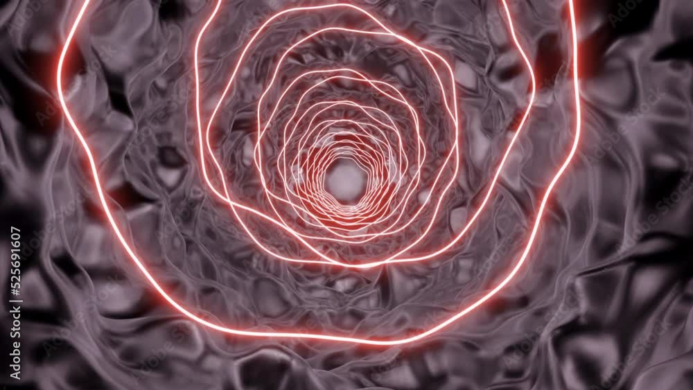 Poster green and pink background. design.glowing hoops standing in a row create a corridor and bright volum