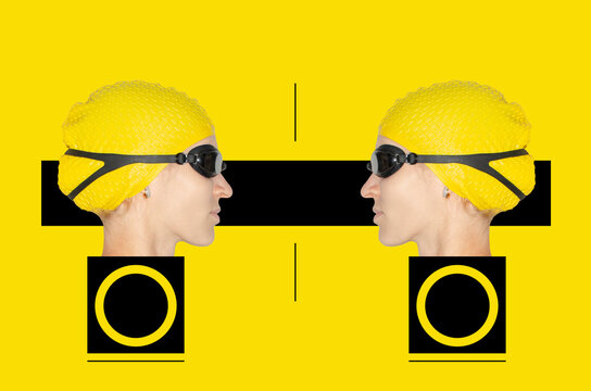 Digital collage with head of young woman in swimming glasses and yellow swimming hat - Powered by Adobe