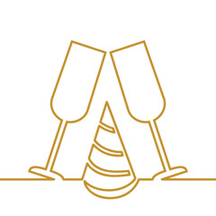 One line Birthday Hat and Two Glasses of Wine. Continuous gold line sketch vector illustration isolated on white background. 
