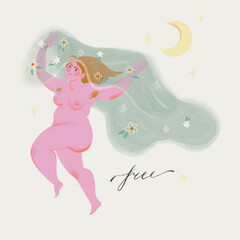 Illustration with naked woman walking at night and lettering 
