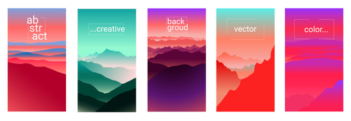 Vector set of abstract gradient background for stories, media, social sample. landscape with mountains and hills silhuete.