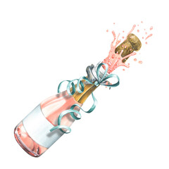 A bottle of pink champagne with a festive ribbon and a fountain, an explosion of champagne with a cork. Watercolor illustration. An isolated object from a large set of HAPPY BIRTHDAY. © NATASHA-CHU