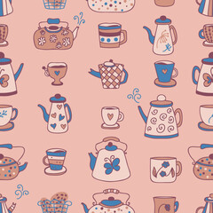 Hand drawn teapot, cups and mugs cozy seamless pattern. Perfect print for stationery, dishcloth, towel, textile and fabric. Flat vector illustration for decor and design.