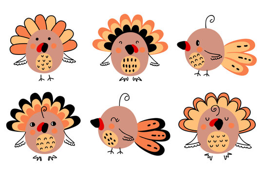 Thanksgiving traditional turkeys birds clipart collection. Perfect for tee, stickers, greeting card, party invitation and print. Hand drawn isolated vector illustration for decor and design.