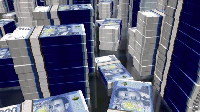 Morocco money Moroccan Dirham money notes packs loop. 3D flight over 200 MAD banknotes stacks towers. Loopable seamless abstract background concept of business, economy crisis and finance.
