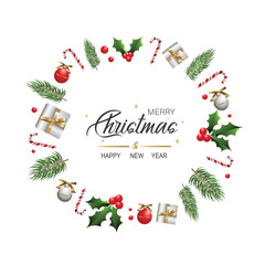 3d Decorative Christmas Wreath Isolated on White Background. Holiday Design Elements Set. Merry Christmas and Happy New Year Decorative Frame Template.