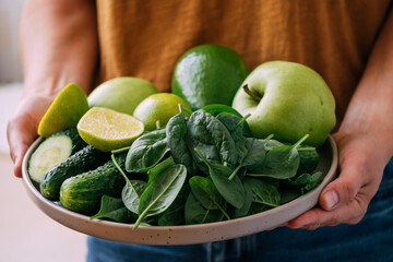 A woman holds in her hands fresh green vegetables and fruits in a large plate, close-up soft focus