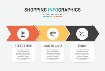 Obraz premium Concept of shopping process with 3 successive steps. Three colorful graphic elements. Timeline design for brochure, presentation, web site. Infographic design layout.