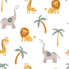 Seamless Pattern with african animals on white background. Safari childish seamless pattern with lion, elephant, giraffe with green palm trees on white background.