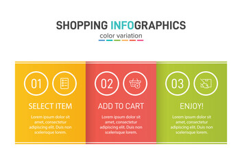 Concept of shopping process with 3 successive steps. Three colorful graphic elements. Timeline design for brochure, presentation, web site. Infographic design layout.